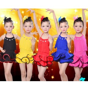 Black red yellow royal blue fuchsia hot pink fringes backless halter spandex girls kids children performance competition latin salsa cha cha dance leotards dresses outfits
